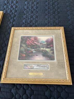 Thomas Kinkade Gold Framed Print with Pink & Green Garden Pavilion